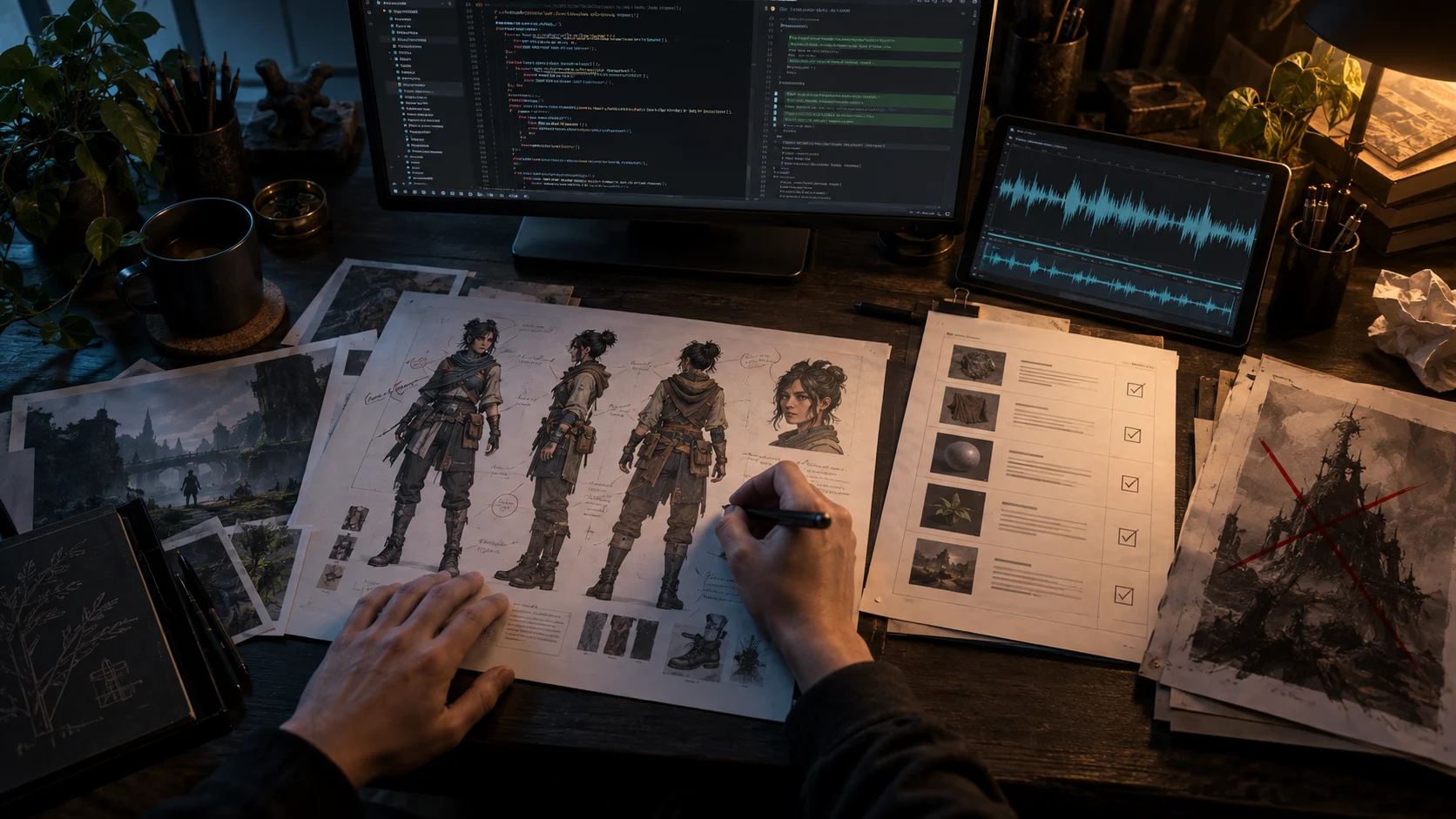 A game-production desk with code, character art, audio and provenance material under review