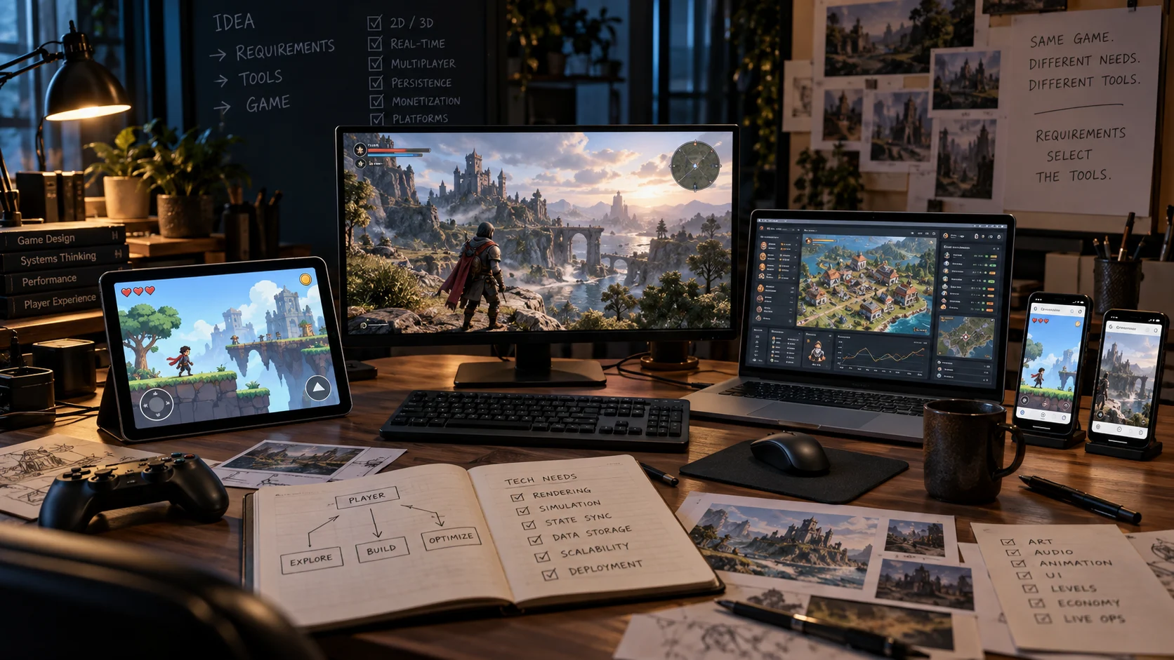 Three browser game prototypes running across a tablet, monitor and management interface
