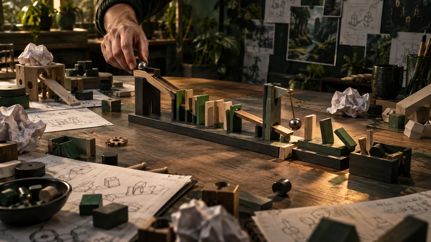A game designer testing a tabletop chain reaction among discarded prototype ideas