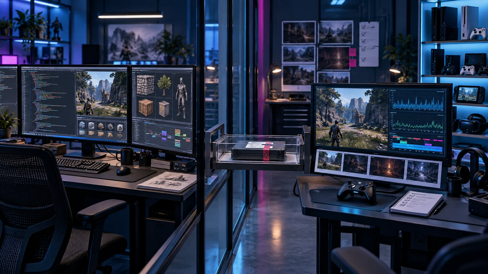 Separate game-development stations for implementation and independent review