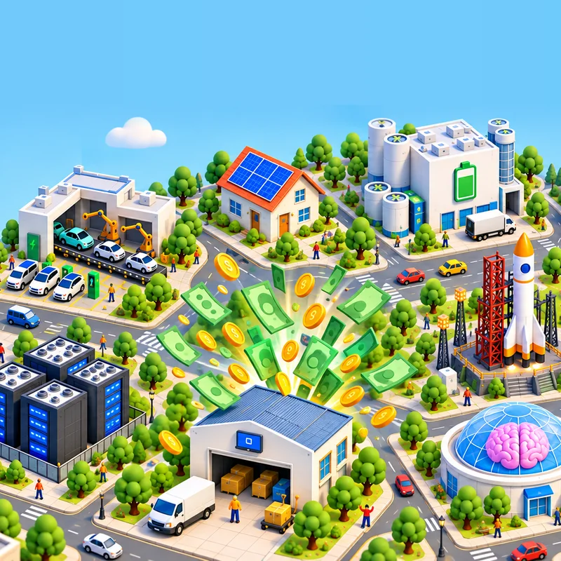 BuyoutInc cover art: an isometric city of ten startups, with money bursting from the first garage