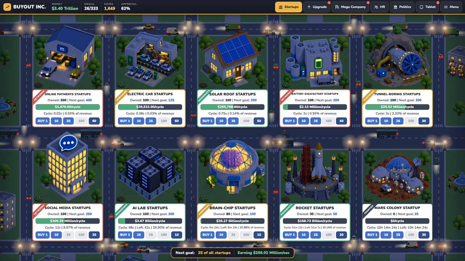 The BuyoutInc city at night, with lit windows and street lights