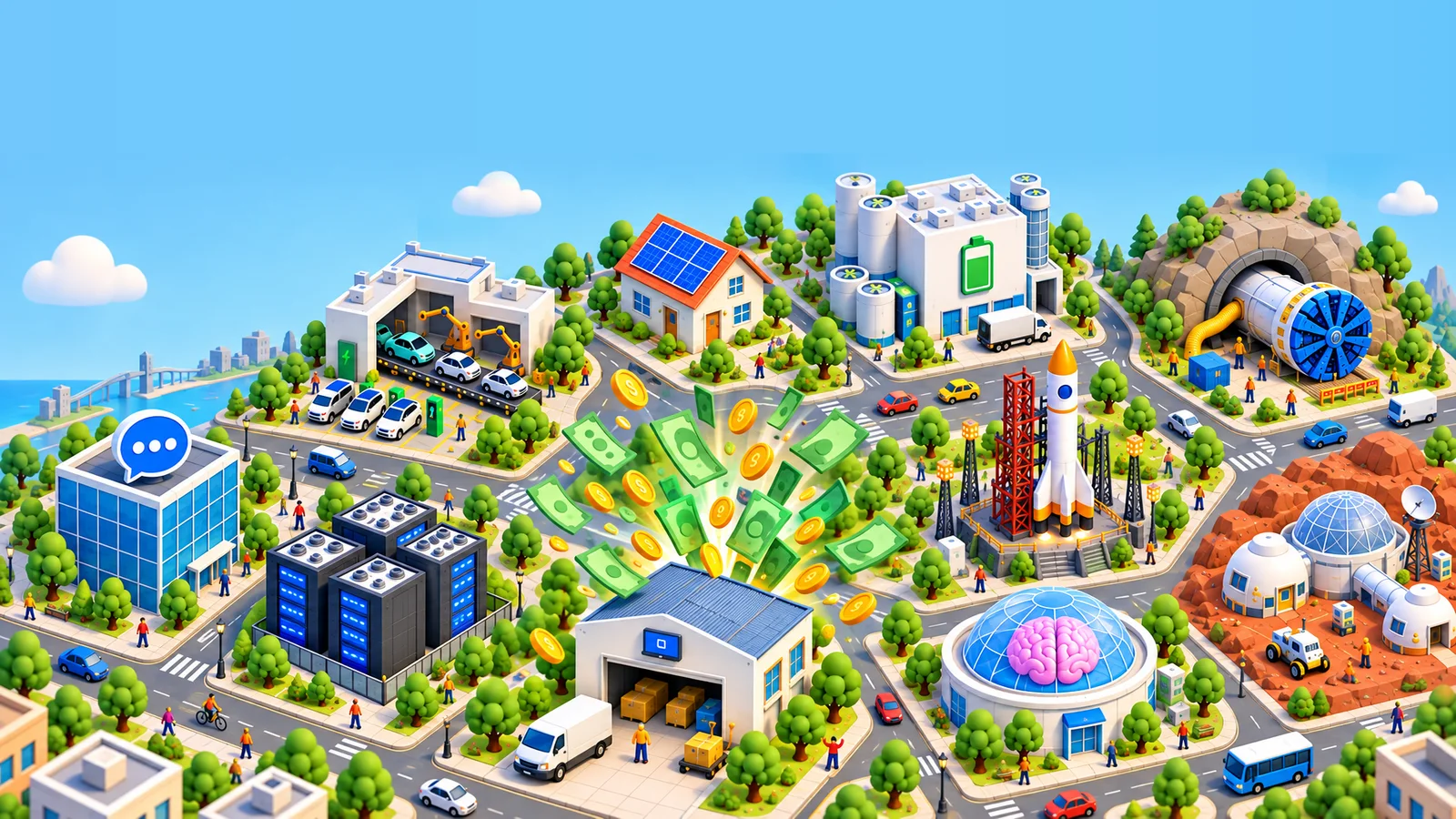 BuyoutInc cover art: an isometric city of ten startups, with money bursting from the first garage