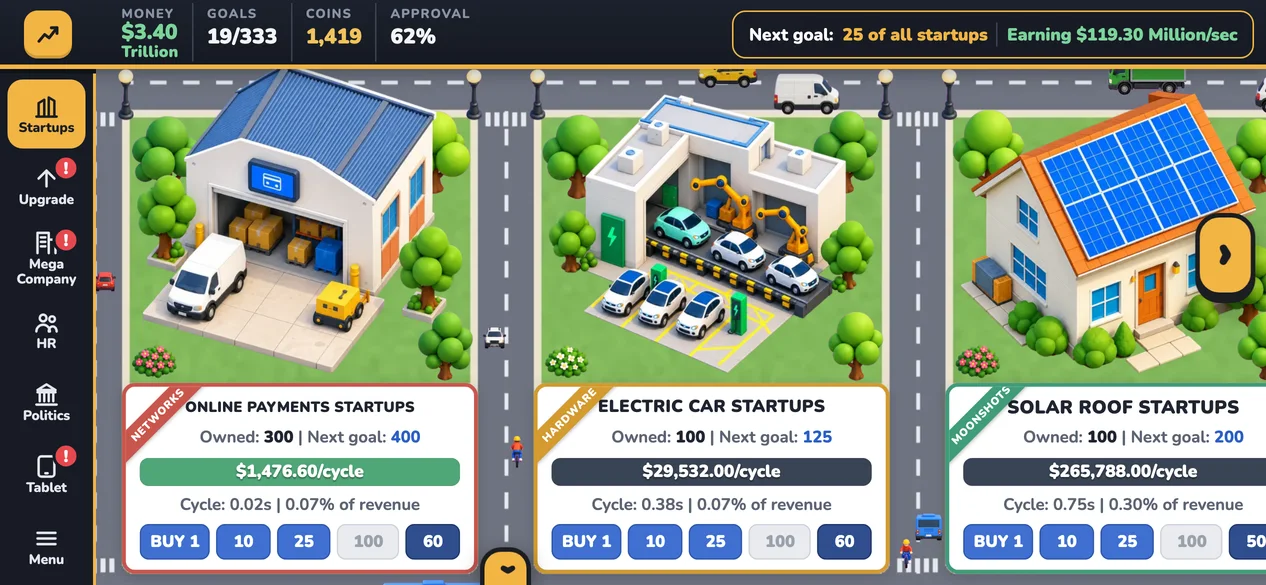 Actual BuyoutInc gameplay on a phone in landscape, with the side menu and the first three startups