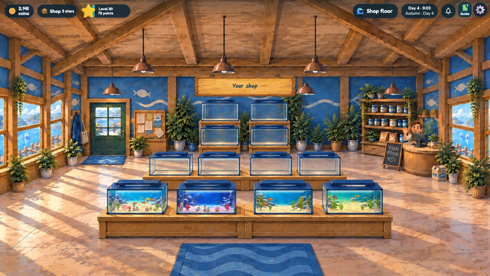 The Fintopia harbour shop floor with rows of aquarium tanks