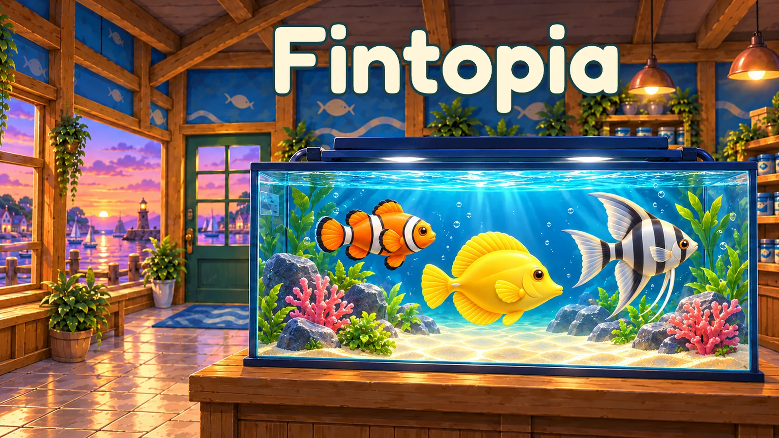 Fintopia cover art: a lit aquarium of tropical fish inside a harbour shop at sunset