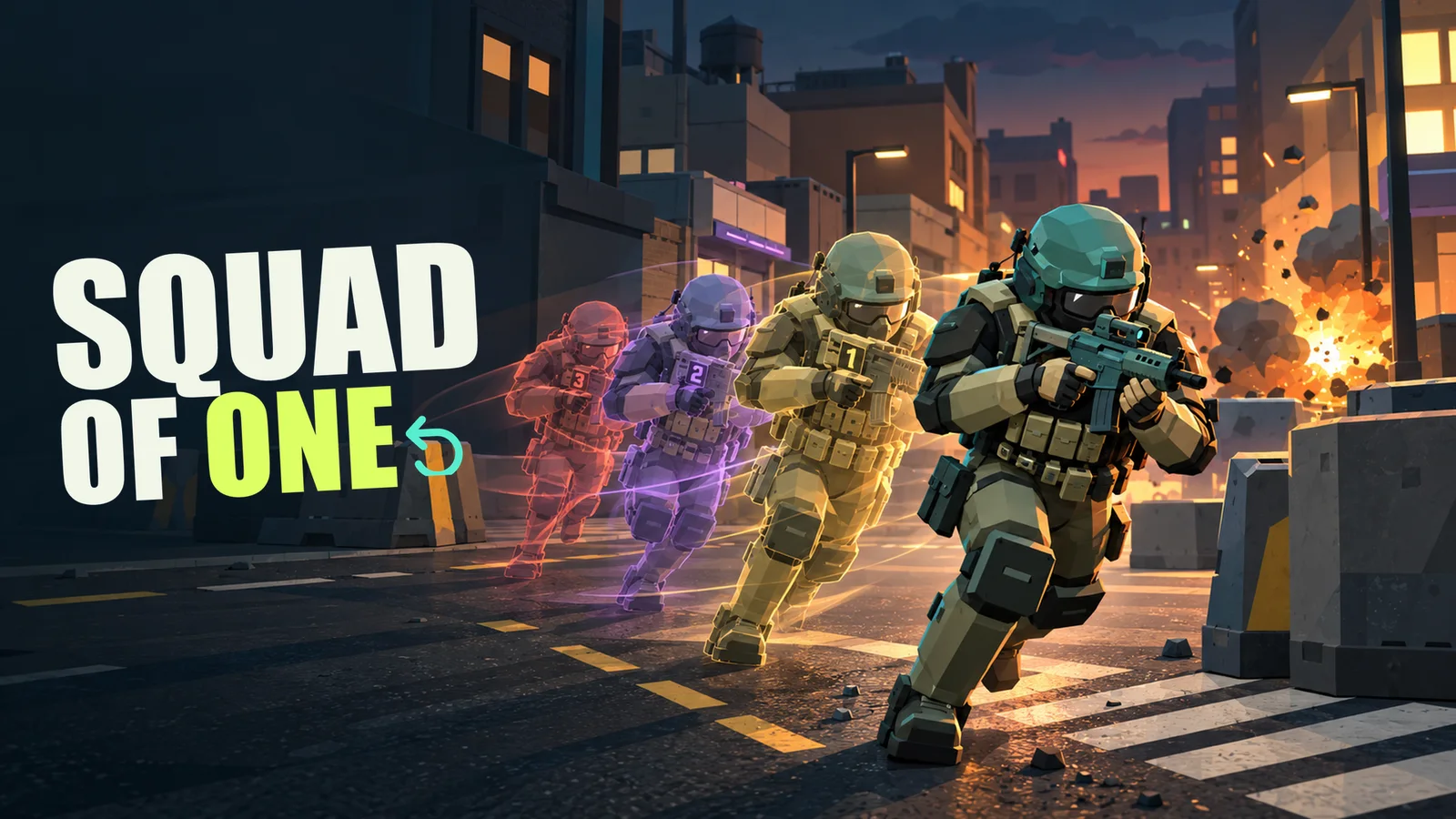 Squad of One cover art: a commando runs down a city street followed by coloured echoes of earlier runs