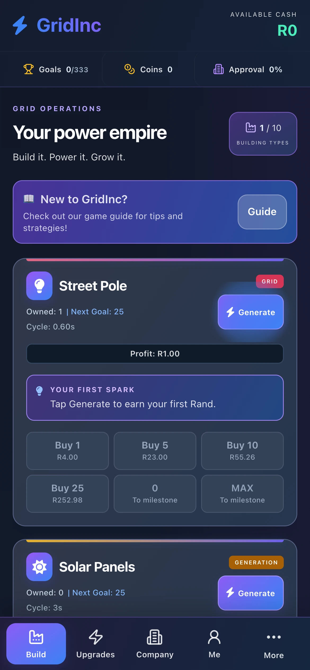 GridInc running on a mobile browser with the power network and progress visible