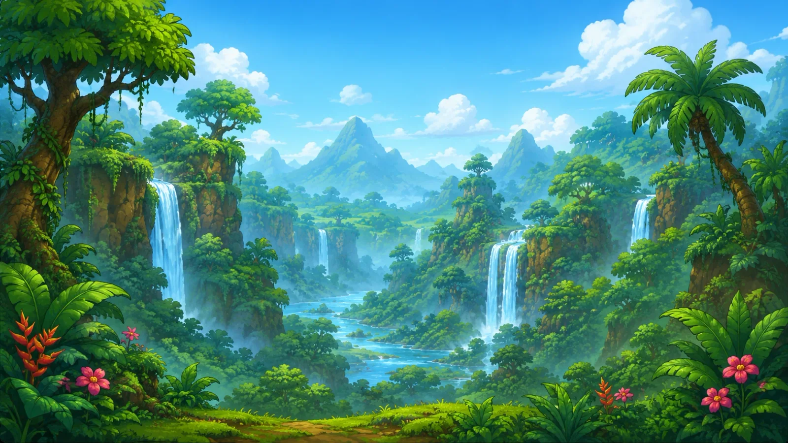Caveman Taxi's world of jungle islands and waterfalls