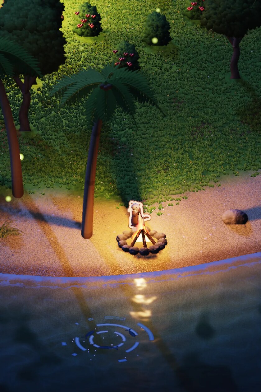 Island Keeper game art with an otter beside a fire on an island