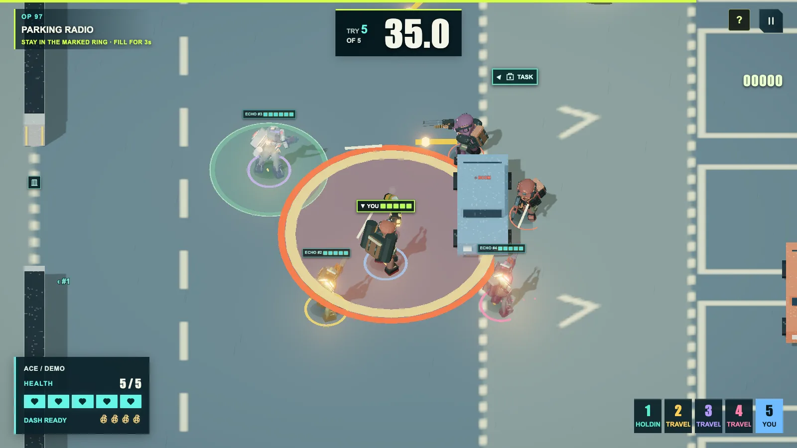Squad of One Parking Radio mission on a city street, with the try counter and squad slots