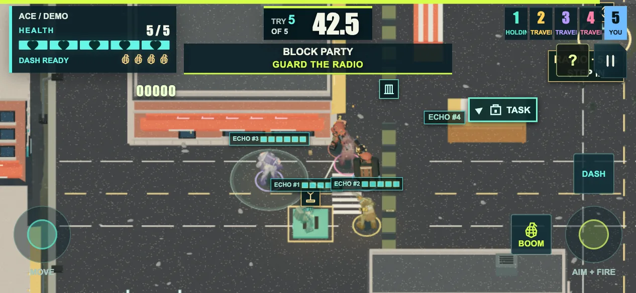 Squad of One in a phone browser in landscape, with two touch sticks