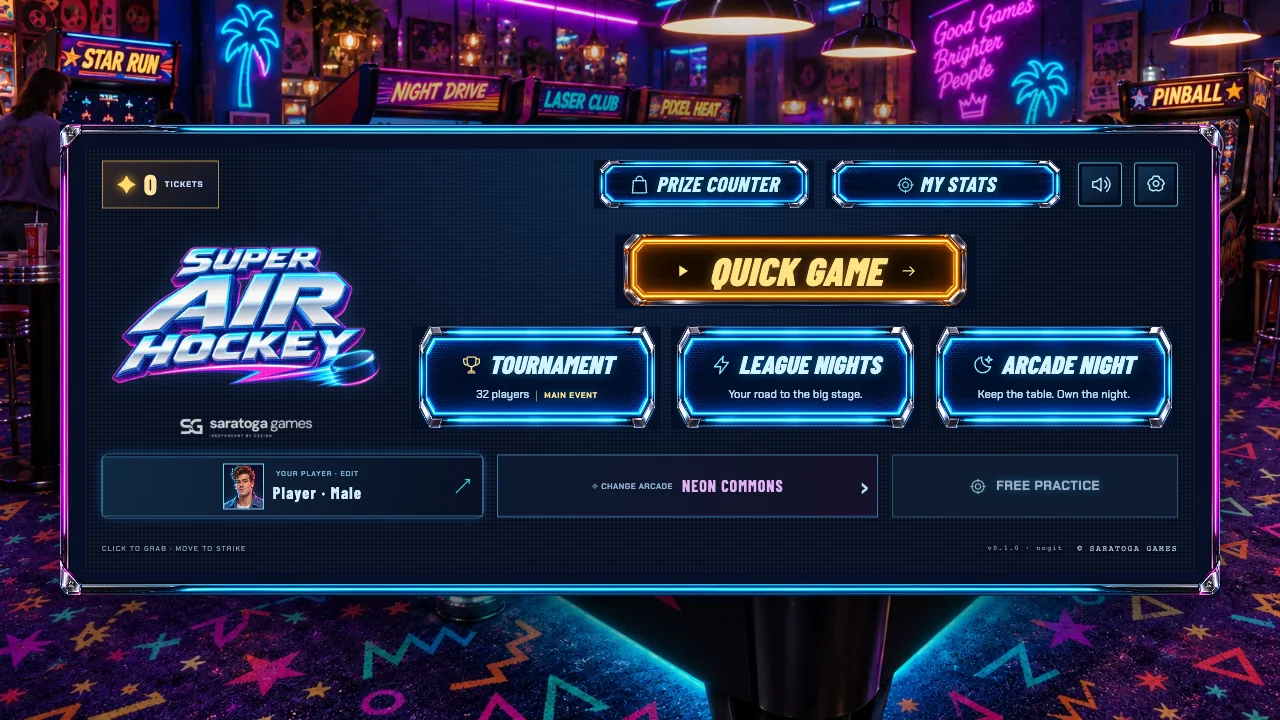 Super Air Hockey arcade menu with Quick Game and event choices