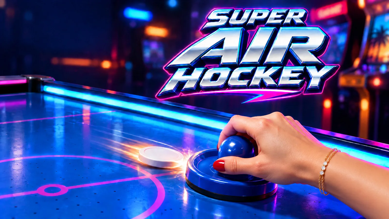 Super Air Hockey cover art: a blue mallet strikes a puck across a glowing neon arcade table