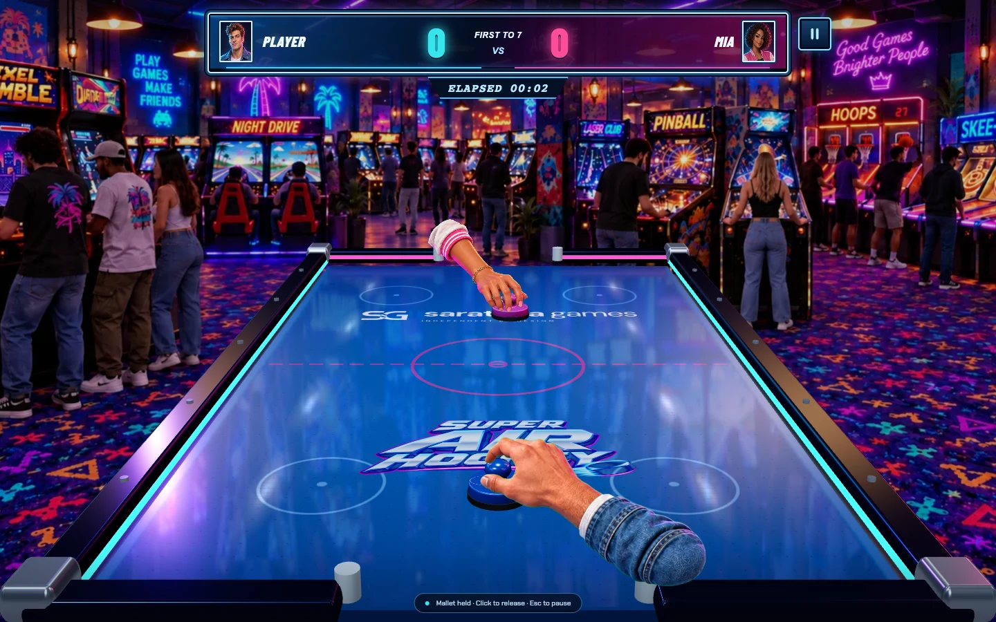 Actual Super Air Hockey gameplay on desktop, with a 3D table and computer rival