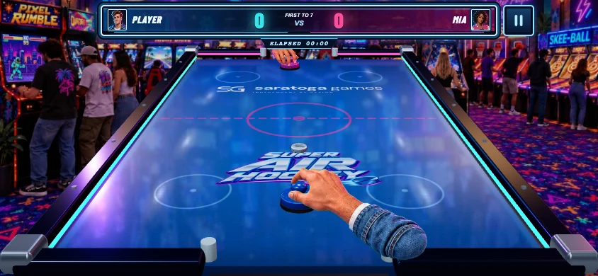 Actual Super Air Hockey mobile gameplay in landscape, with both goals and touch controls visible