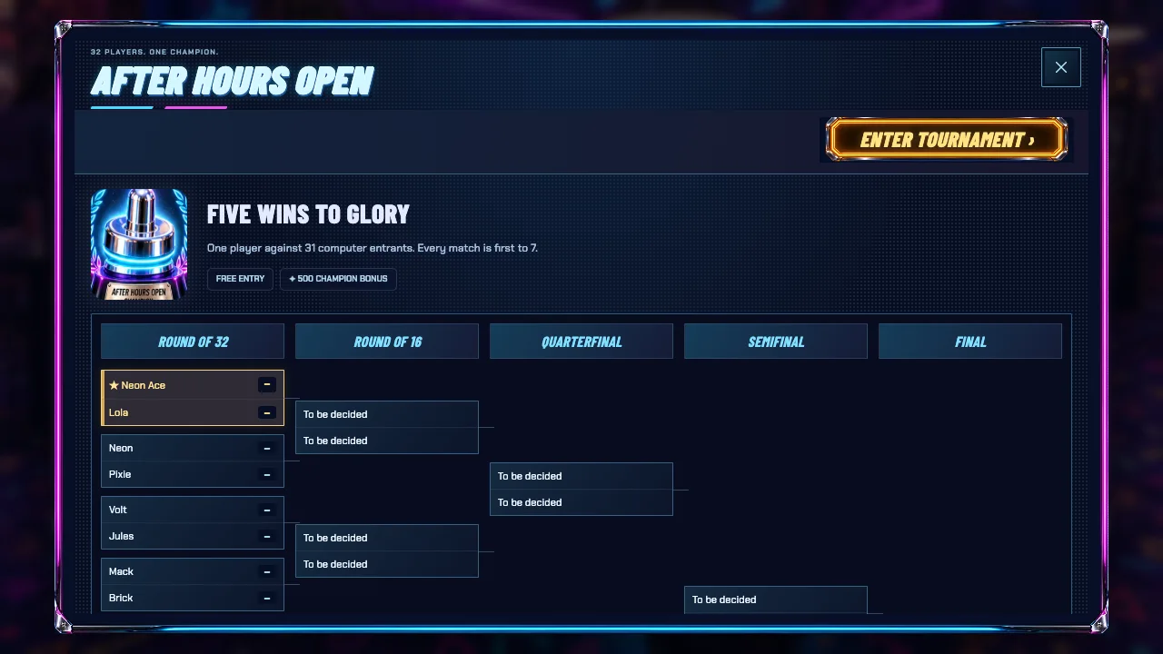 The After Hours Open tournament bracket with 32 entrants