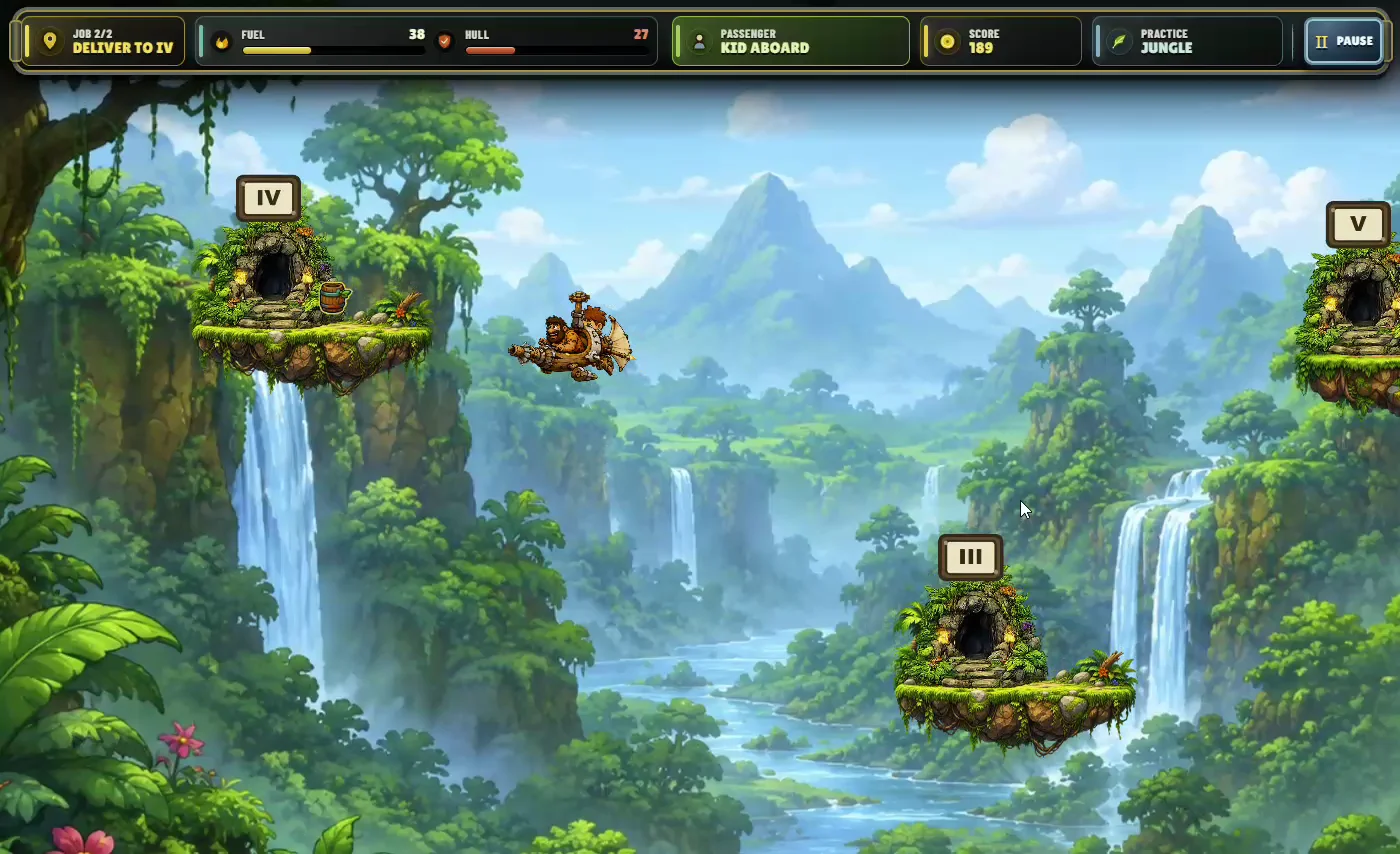 Caveman Taxi gameplay: Grug flies between jungle islands and waterfalls